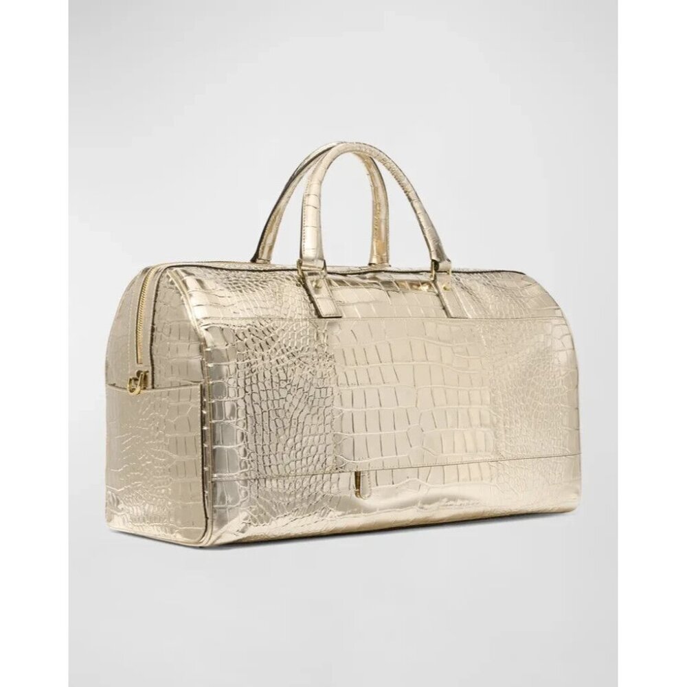 Michael Kors XL Metallic Crocodile Embossed Leather Weekender Bag in Gold #30F4G - Picture 2 of 6